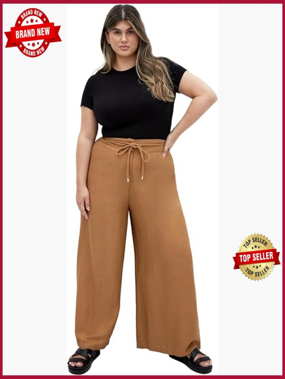Plus Size Wide Leg Palazzo Pants Elastic Waist Linen Blend Relief Fit